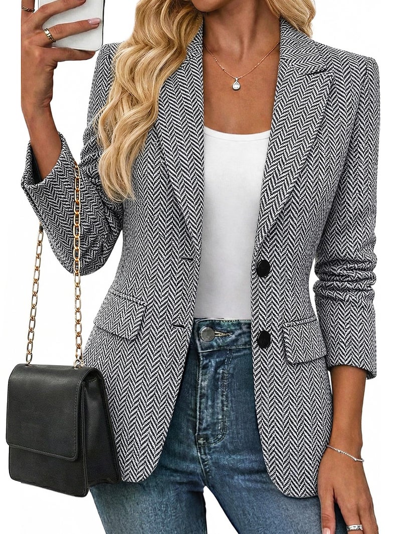 Mina Self Tweed Blazers Jacket for Women 2026 Fall Black Herringbone Womens Blazer Trendy Ladies Dressy Casual Professional Work Office Business Women's Blazers & Suit Jackets ZHB013 Black XL - Image 1