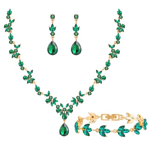Paxuan Bridal Wedding Elegant Floral Jewelry Set for Women/Brides/Bridesmaids Crystal Jewelry Set for Wedding Prom Party Bridal Crystal Necklace Earrings Bracelet Set (Emerald Green (Gold)) - Image 1