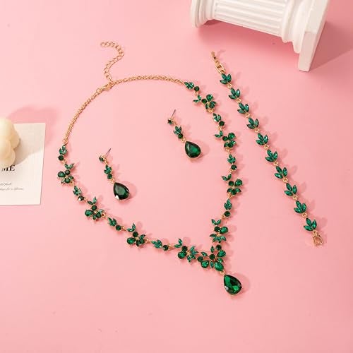 Paxuan Bridal Wedding Elegant Floral Jewelry Set for Women/Brides/Bridesmaids Crystal Jewelry Set for Wedding Prom Party Bridal Crystal Necklace Earrings Bracelet Set (Emerald Green (Gold)) - Image 5