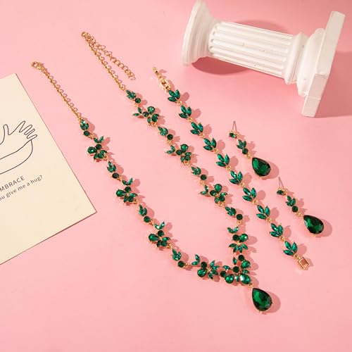 Paxuan Bridal Wedding Elegant Floral Jewelry Set for Women/Brides/Bridesmaids Crystal Jewelry Set for Wedding Prom Party Bridal Crystal Necklace Earrings Bracelet Set (Emerald Green (Gold)) - Image 4