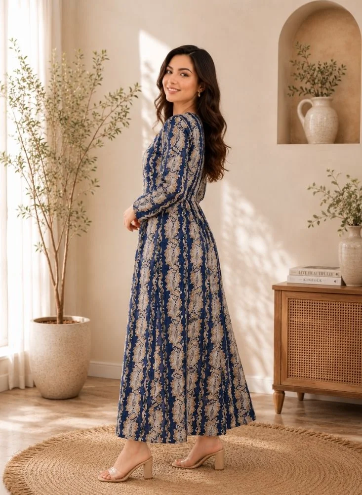 NinEx Women Printed Long Maxi Jalabiya Dress with Embroidered Neck – Lightweight Fabric Traditional & Modest Wear Blue Color 1 Pc