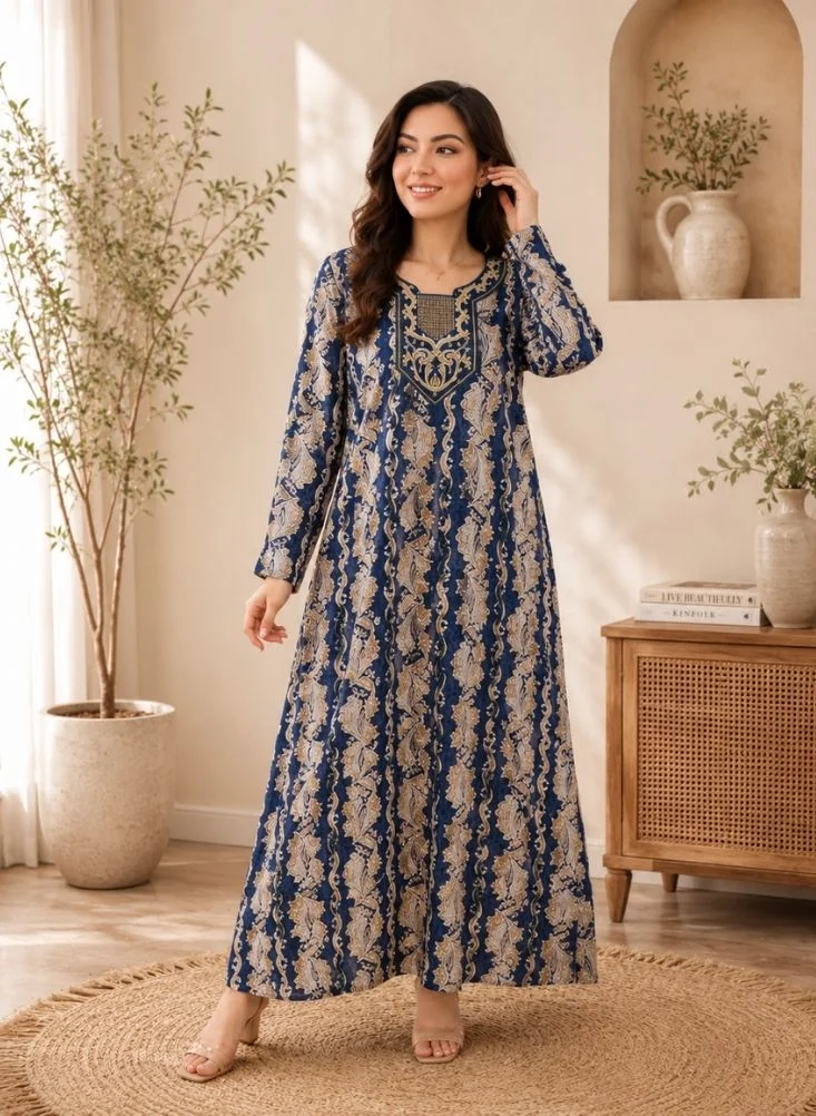 NinEx Women Printed Long Maxi Jalabiya Dress with Embroidered Neck – Lightweight Fabric Traditional & Modest Wear Blue Color 1 Pc