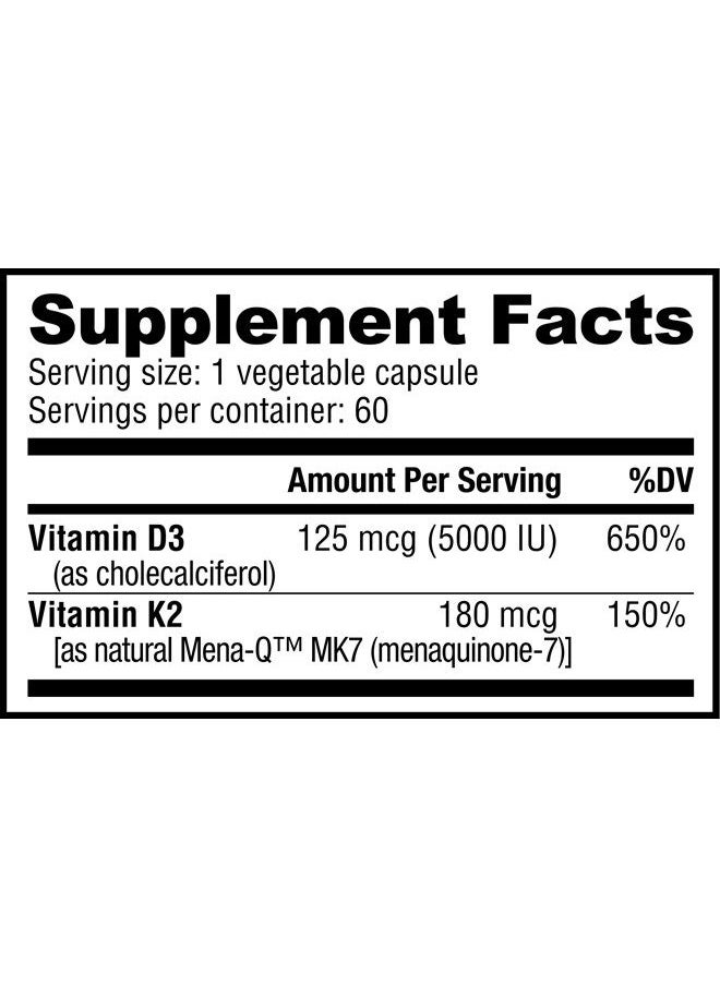 NutraBio Vitamin D3 K2 | 5000 IU D3 as Cholecalciferol with Vitamin K2 as MENA-Q MK7 (180mcg) | Support Bone and Heart Health | Non-GMO, Gluten Free, Lactose Free | 60 Vegetable Capsules  - Image 2