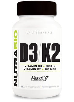 Vitamin D3 K2 | 5000 IU D3 as Cholecalciferol with Vitamin K2 as MENA-Q MK7 (180mcg) | Support Bone and Heart Health | Non-GMO, Gluten Free, Lactose Free | 60 Vegetable Capsules