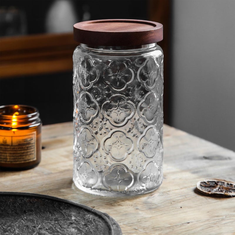Custde Glass Storage Jars With Airtight Lid, 23.7oz Container For Kitchen Counter with Wooden Lid, brown sugar, candy, coffee, cookie, salt, tea, cute Jar (35oz Large Begonia Flowers) - Image 5