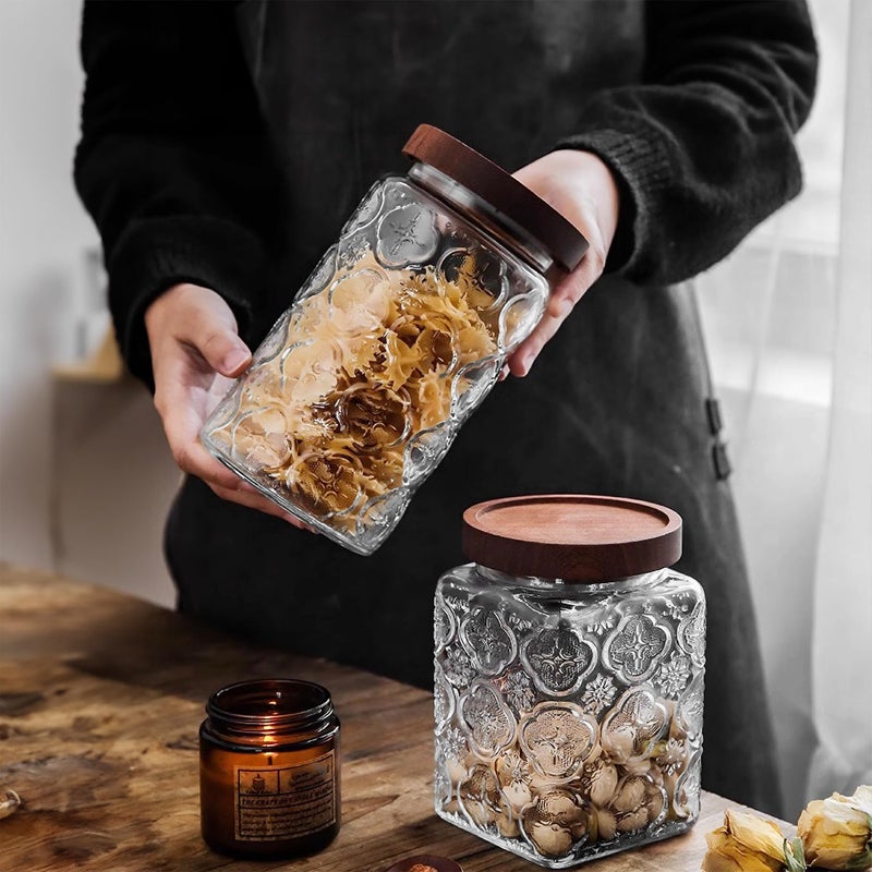 Custde Glass Storage Jars With Airtight Lid, 23.7oz Container For Kitchen Counter with Wooden Lid, brown sugar, candy, coffee, cookie, salt, tea, cute Jar (35oz Large Begonia Flowers) - Image 4