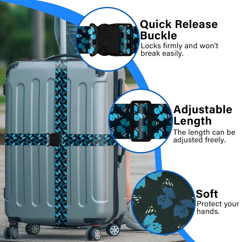 ZHOMA 2 Pack Luggage Straps for Suitcases, Adjustable Travel Belt with Double Lock and Quick Release Buckle, Heavy Duty Nylon Bag Packing Strap, Unique Identifiers Travel Accessories-Blue Butterfly - Image 4