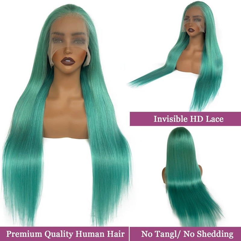 Ubetta Turquoise Lace Front Wigs Human Hair Glueless Transparent 13x6 Lace Front Wigs Human Hair Pre Plucked 28 Inch Colored Aqua Blue Wig Human Hair 180% Density Teal Lace Front Wigs for Black Women - Image 2
