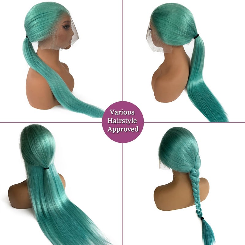 Ubetta Turquoise Lace Front Wigs Human Hair Glueless Transparent 13x6 Lace Front Wigs Human Hair Pre Plucked 28 Inch Colored Aqua Blue Wig Human Hair 180% Density Teal Lace Front Wigs for Black Women - Image 4