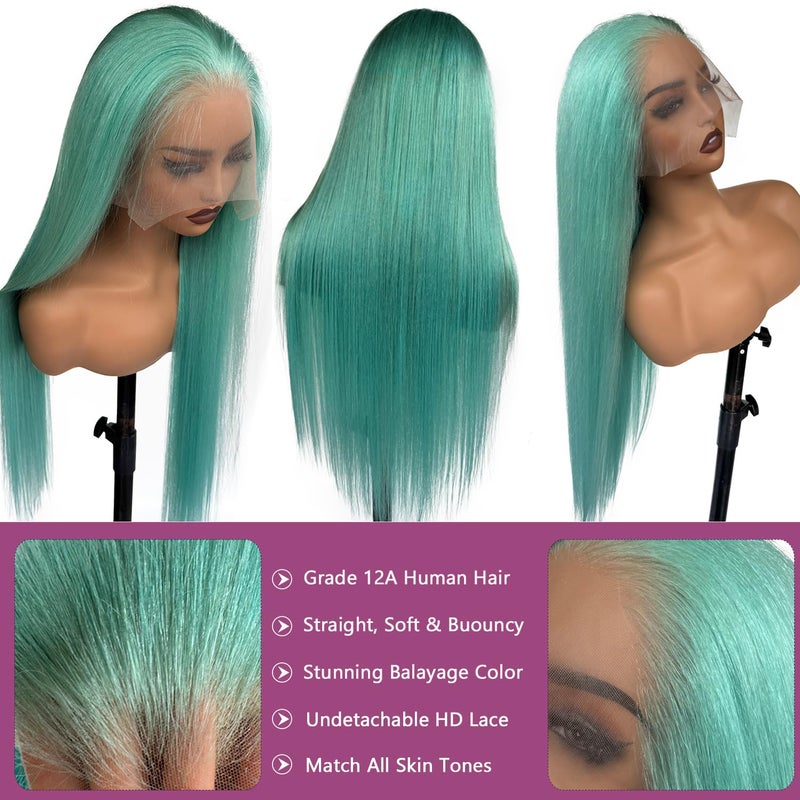 Ubetta Turquoise Lace Front Wigs Human Hair Glueless Transparent 13x6 Lace Front Wigs Human Hair Pre Plucked 28 Inch Colored Aqua Blue Wig Human Hair 180% Density Teal Lace Front Wigs for Black Women - Image 3