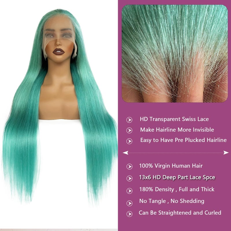 Ubetta Turquoise Lace Front Wigs Human Hair Glueless Transparent 13x6 Lace Front Wigs Human Hair Pre Plucked 28 Inch Colored Aqua Blue Wig Human Hair 180% Density Teal Lace Front Wigs for Black Women - Image 5