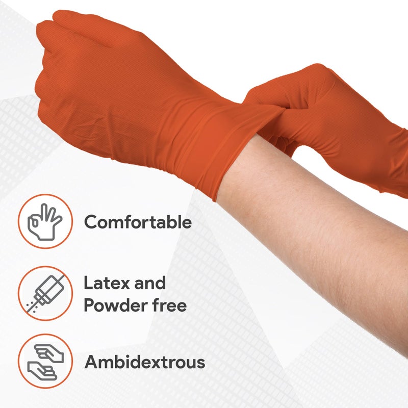 WECARE Orange 8 Mil Nitrile Gloves X Large 50 Pack - Heavy Duty Mechanic Gloves, with Diamond Grip - Powder and Latex Free Disposable Gloves - Image 2