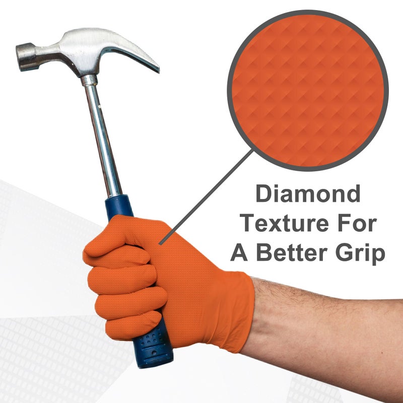 WECARE Orange 8 Mil Nitrile Gloves X Large 50 Pack - Heavy Duty Mechanic Gloves, with Diamond Grip - Powder and Latex Free Disposable Gloves - Image 4
