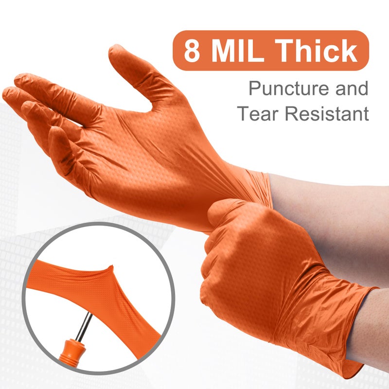WECARE Orange 8 Mil Nitrile Gloves X Large 50 Pack - Heavy Duty Mechanic Gloves, with Diamond Grip - Powder and Latex Free Disposable Gloves - Image 3