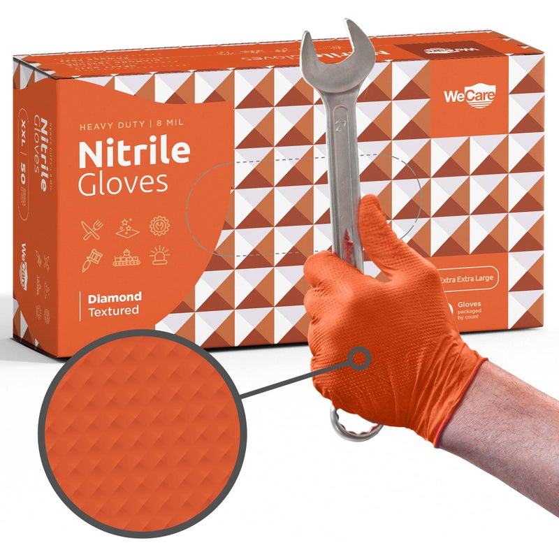 WECARE Orange 8 Mil Nitrile Gloves X Large 50 Pack - Heavy Duty Mechanic Gloves, with Diamond Grip - Powder and Latex Free Disposable Gloves - Image 1