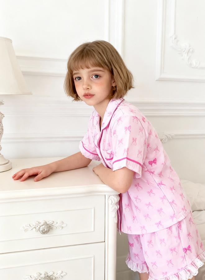 Take Two Girls Pink Bow Print Shirt and Shorts Pyjama Set - Image 3