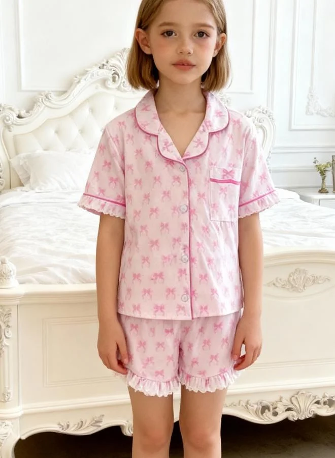 Take Two Girls Pink Bow Print Shirt and Shorts Pyjama Set