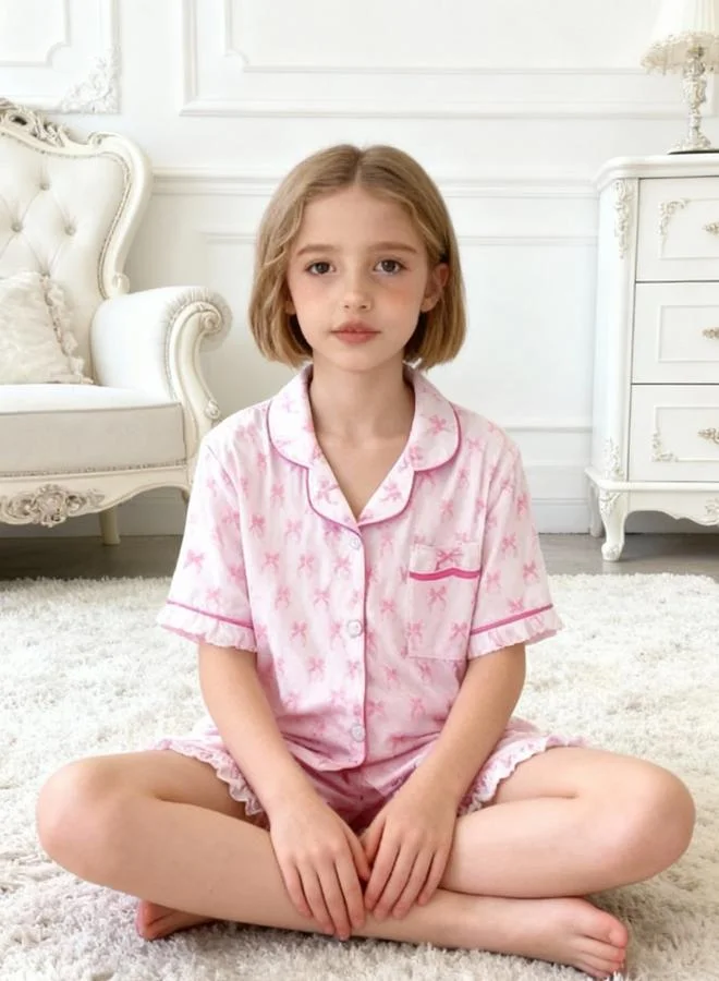Take Two Girls Pink Bow Print Shirt and Shorts Pyjama Set