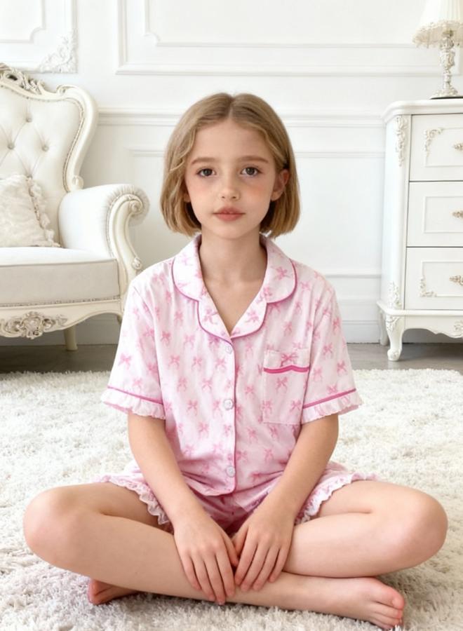 Take Two Girls Pink Bow Print Shirt and Shorts Pyjama Set - Image 2