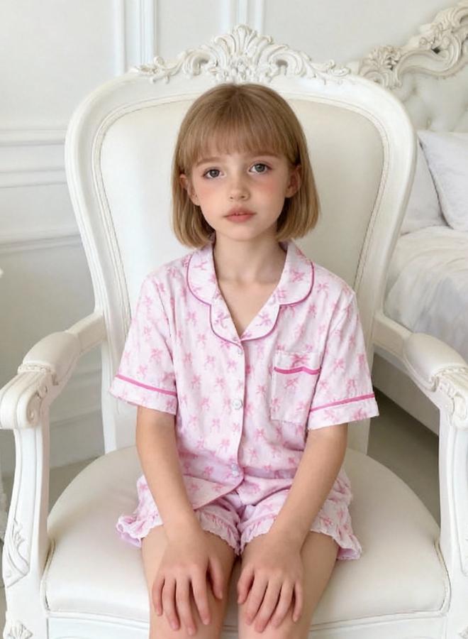 Take Two Girls Pink Bow Print Shirt and Shorts Pyjama Set - Image 4