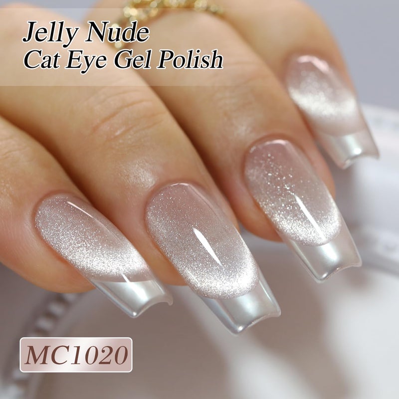 Double Rhythm Cat Eye Gel Polish with Magnet 15ML Holographic Glitter Shimmer Translucent Jelly Color 0.5 OZ Magnetic Gel Polish Salon DIY at Home (Nude-MC1020) - Image 3
