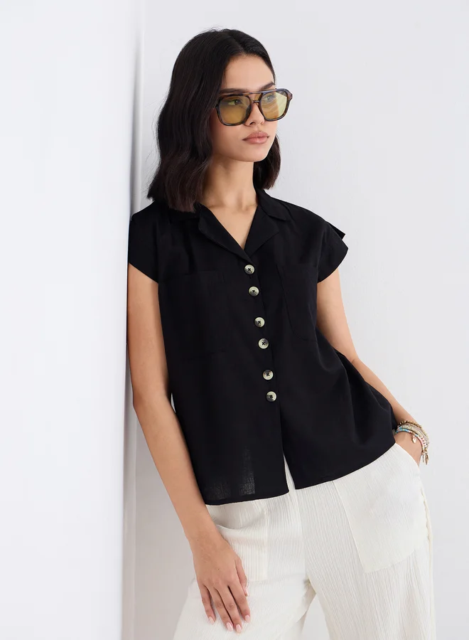 Styli Styli Women Black Resort Collar Shirt with Buttons