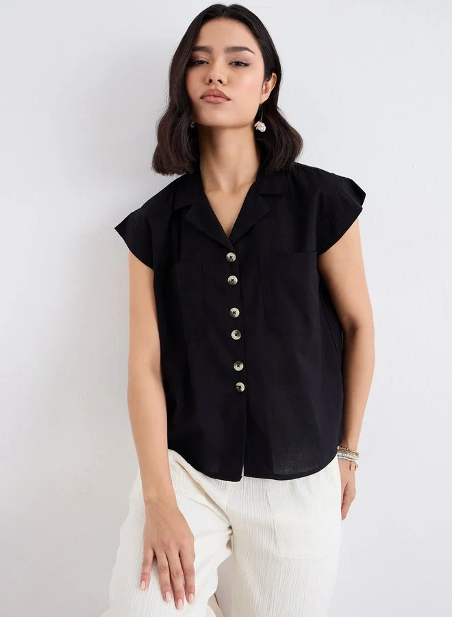 Styli Styli Women Black Resort Collar Shirt with Buttons