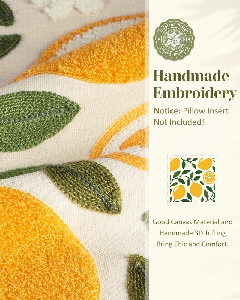 Kokaaee Embroidered Throw Pillow Cover - 18x18 Decorative Pillow Cover with Zipper Aesthetic Cute Design Boho Spring Summer Throw Pillowcase for Living Room Couch Sofa Bed, Branch Lemon - Image 2