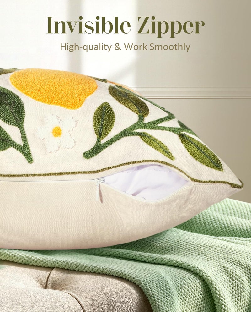 Kokaaee Embroidered Throw Pillow Cover - 18x18 Decorative Pillow Cover with Zipper Aesthetic Cute Design Boho Spring Summer Throw Pillowcase for Living Room Couch Sofa Bed, Branch Lemon - Image 3