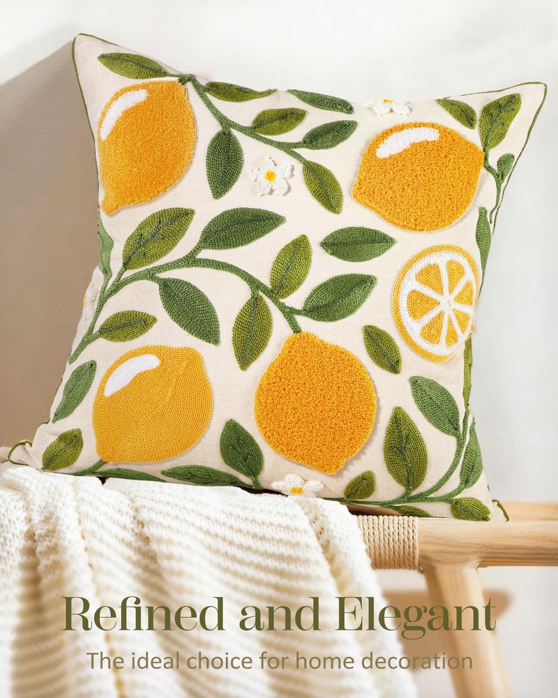 Kokaaee Embroidered Throw Pillow Cover - 18x18 Decorative Pillow Cover with Zipper Aesthetic Cute Design Boho Spring Summer Throw Pillowcase for Living Room Couch Sofa Bed, Branch Lemon - Image 5