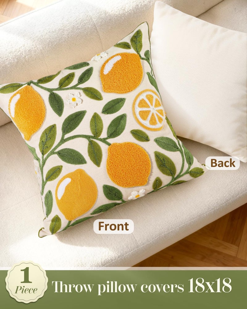 Kokaaee Embroidered Throw Pillow Cover - 18x18 Decorative Pillow Cover with Zipper Aesthetic Cute Design Boho Spring Summer Throw Pillowcase for Living Room Couch Sofa Bed, Branch Lemon - Image 4