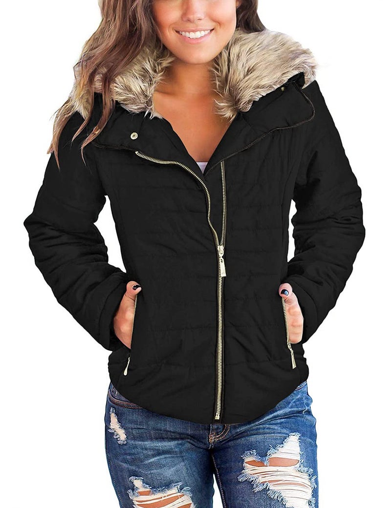 Vetinee Women Casual Faux Fur Lapel Zip Pockets Quilted Parka Jacket Puffer Coat Black XLarge Fits US 16US 18