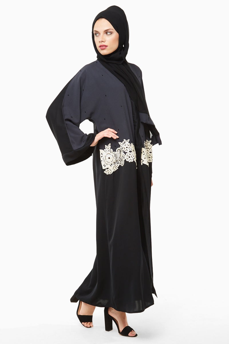 NUKHBAA Black and grey duo shade abaya with a white floral lace stitched midway-AJ13A - Image 2