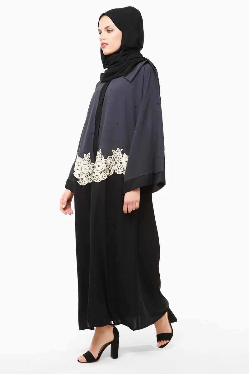 النخبة Black and grey duo shade abaya with a white floral lace stitched midway-AJ13A