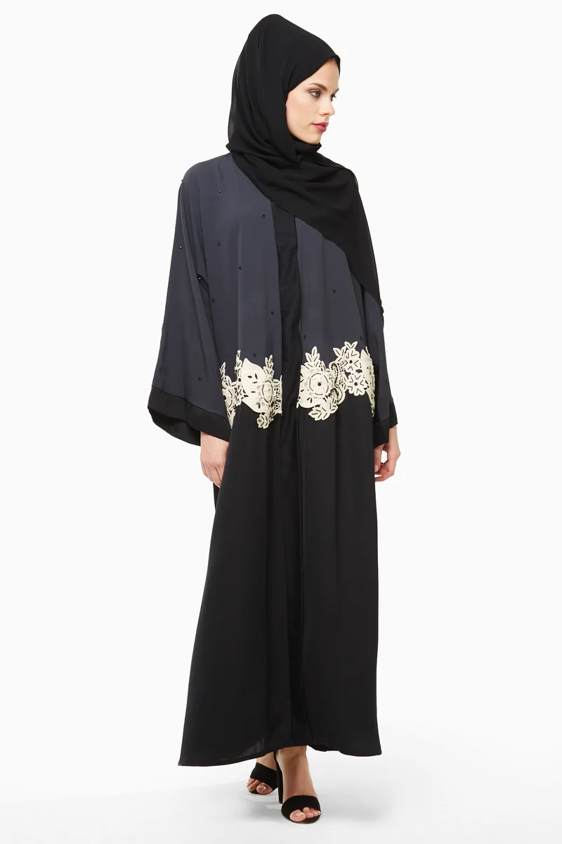 النخبة Black and grey duo shade abaya with a white floral lace stitched midway-AJ13A
