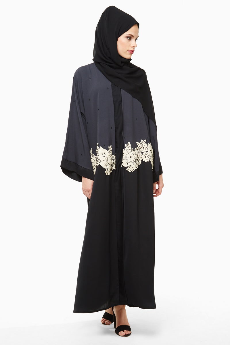NUKHBAA Black and grey duo shade abaya with a white floral lace stitched midway-AJ13A - Image 1