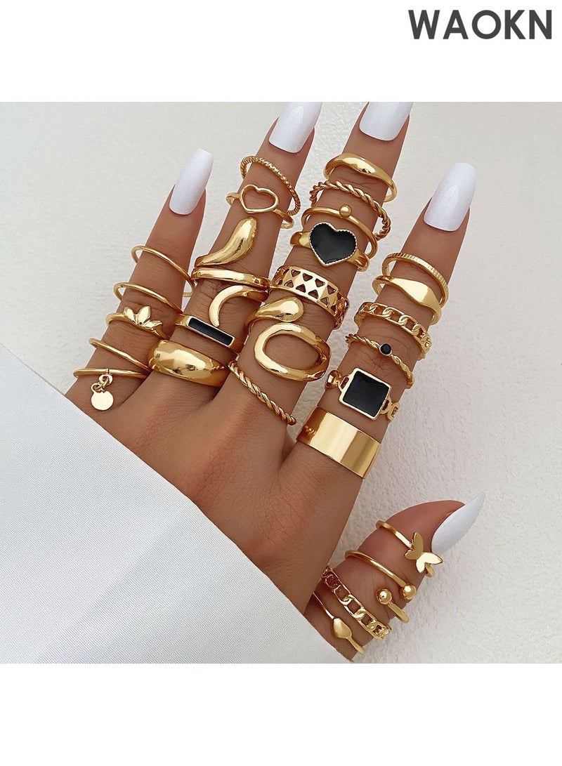 WAOKN 27pcs Summer Alloy Rings Set, Bohemian Style Multi-Element Faux  Geometry Vintage Ring Heart, Butterfly, Leaf, Thick Rings, Perfect Send to Girlfriends as a Gift  for Women Daily Wear, Going Out, Party, Birthday Gift - Image 2
