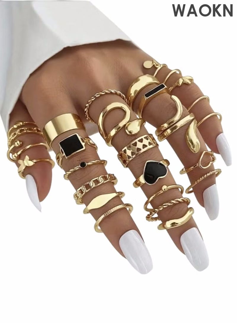 WAOKN 27pcs Summer Alloy Rings Set, Bohemian Style Multi-Element Faux  Geometry Vintage Ring Heart, Butterfly, Leaf, Thick Rings, Perfect Send to Girlfriends as a Gift  for Women Daily Wear, Going Out, Party, Birthday Gift - Image 1