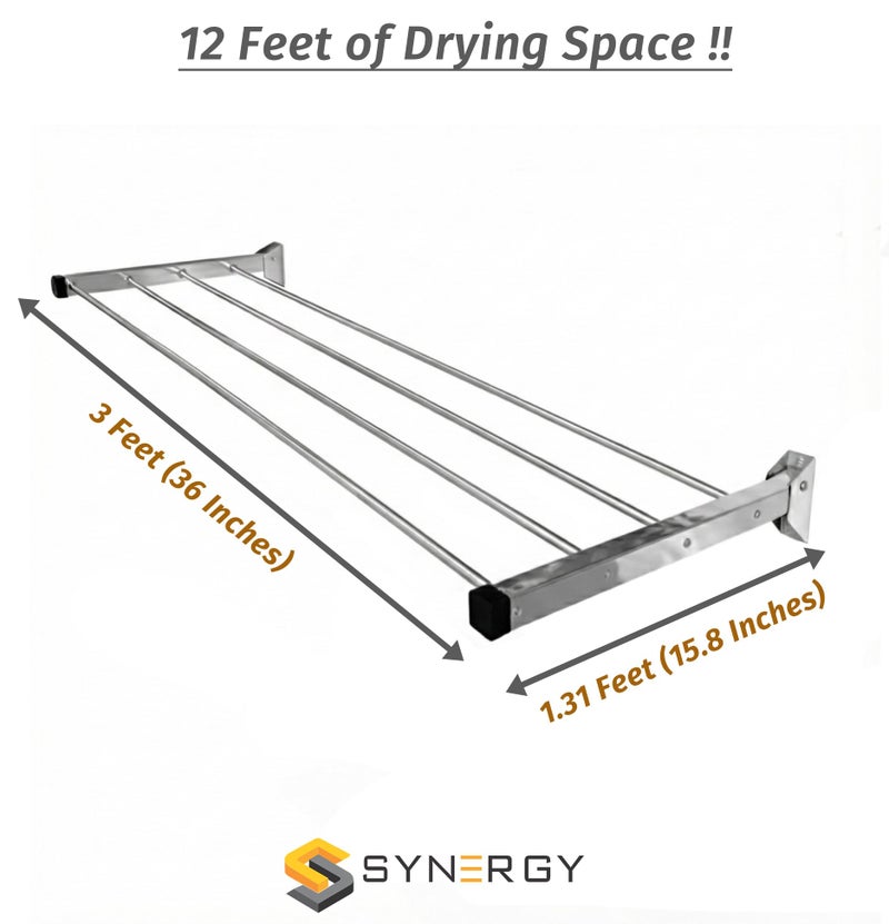 Synergy - 4 Pipes x 3 Feet - Heavy Duty Stainless Steel Clothes Drying Stand Wall Mounted | Cloth Hanging Stand | Clothes Drying Stand for Balcony | Foldable Cloth Hanger for Drying [SY-GL2-4P] - Image 4