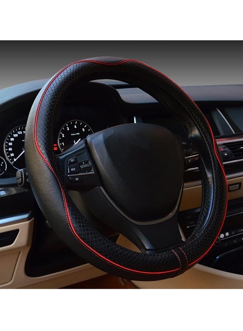 BUANIERT Car Steering Wheel Cover, Anti-Slip, Safety, Soft, Breathable, Heavy Duty, Thick, Full Surround, Sports Style (Black with Red line) - Image 1