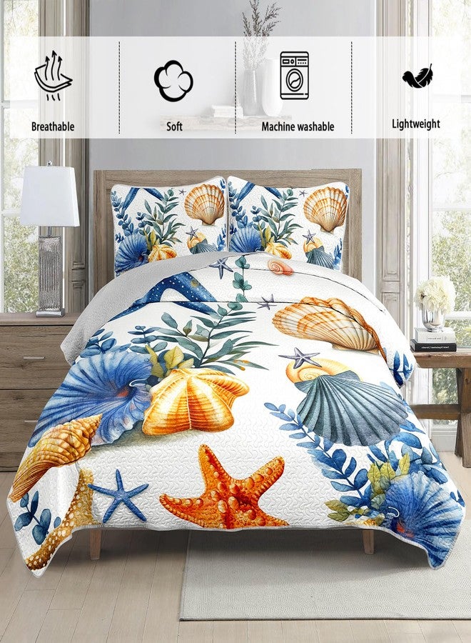 UEVBF Summer Beach Quilted Set Starfish Seashell Conch Bedding Sets King Size,Ocean Beach Themed Quilt for Kids Girls Boys Room Decor,Lightweight Coastal Quilts with 2 Pillowcases. - Image 3