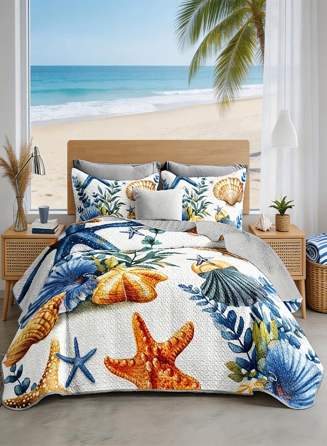 UEVBF Summer Beach Quilted Set Starfish Seashell Conch Bedding Sets King Size,Ocean Beach Themed Quilt for Kids Girls Boys Room Decor,Lightweight Coastal Quilts with 2 Pillowcases. - Image 1