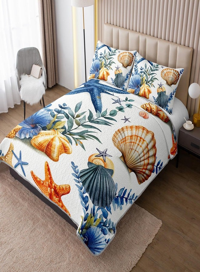 UEVBF Summer Beach Quilted Set Starfish Seashell Conch Bedding Sets King Size,Ocean Beach Themed Quilt for Kids Girls Boys Room Decor,Lightweight Coastal Quilts with 2 Pillowcases. - Image 2