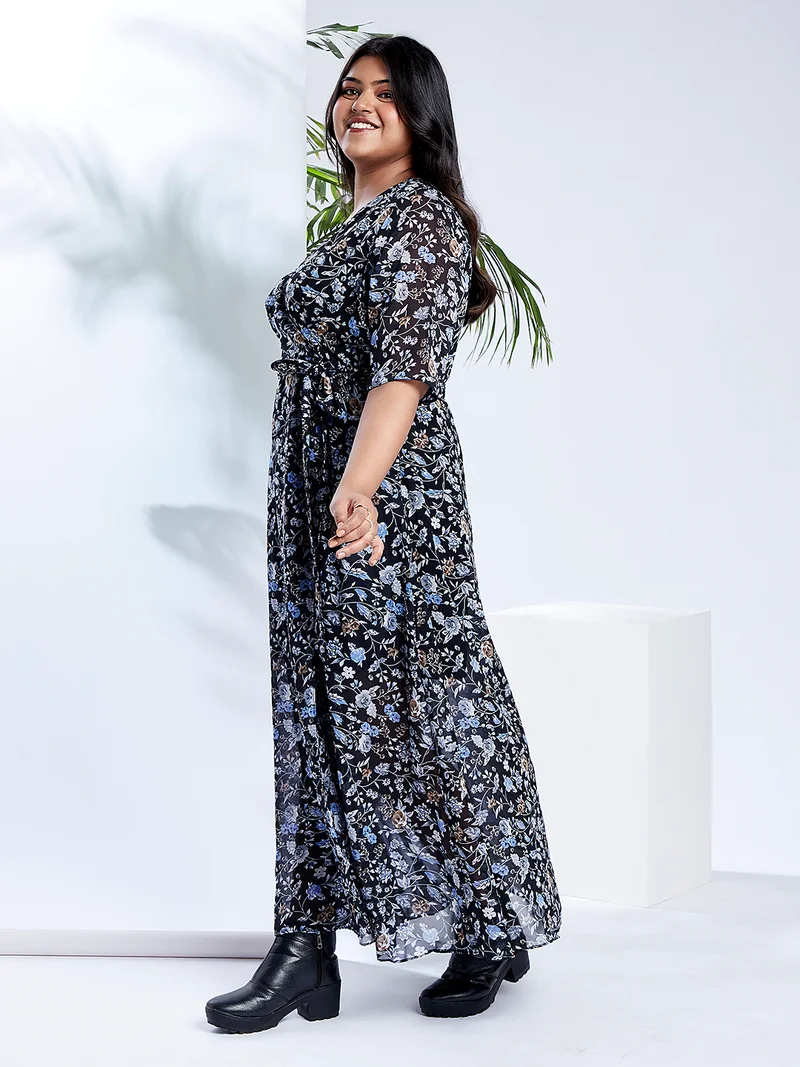 globus Gloplus Women Navy V-Neck Floral Print Waist Tie-Up Plus Size Maxi Party Wrap Dress