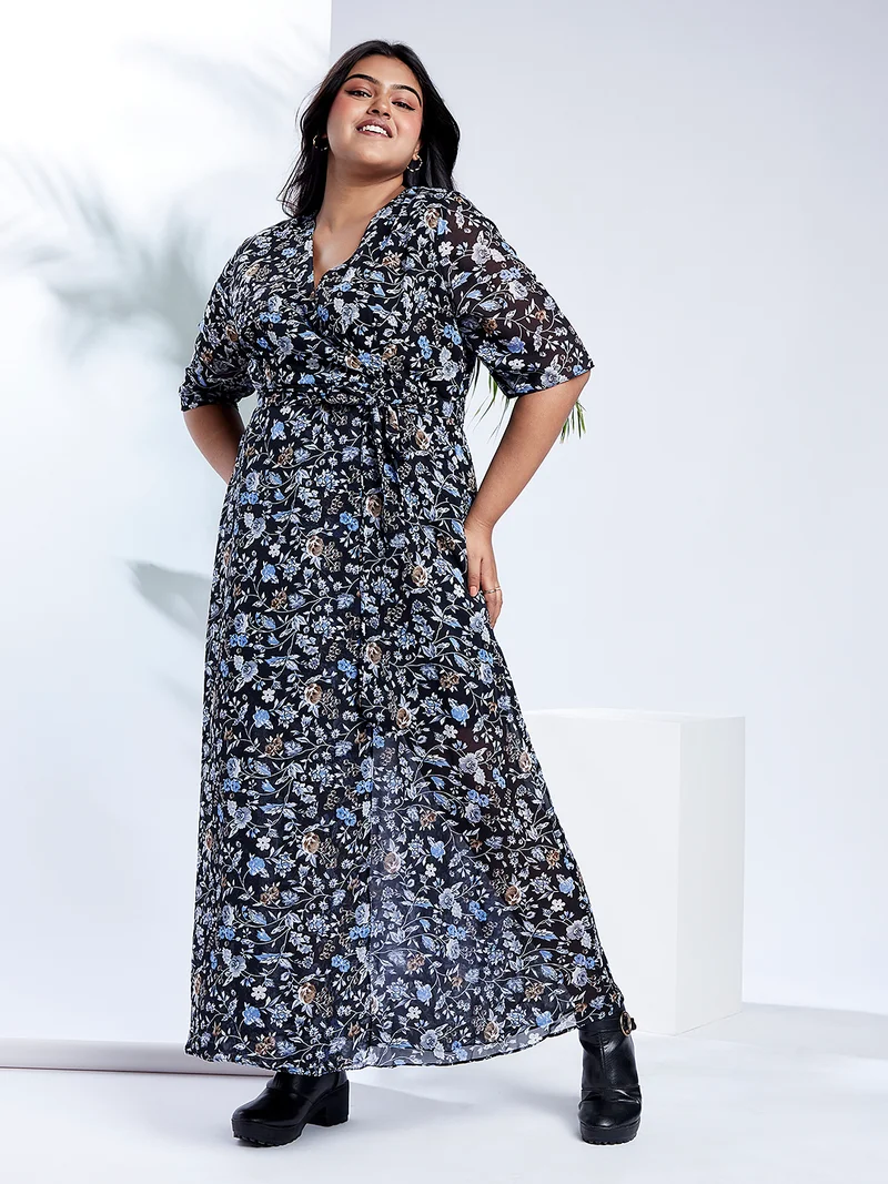 globus Gloplus Women Navy V-Neck Floral Print Waist Tie-Up Plus Size Maxi Party Wrap Dress