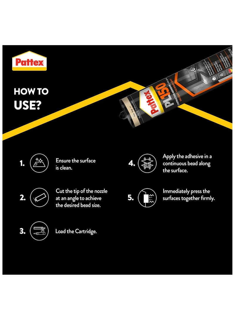 Pattex PL150 Construction Adhesive with Caulking Gun, Professional Solvent Technology, Extra-Strong - Image 2