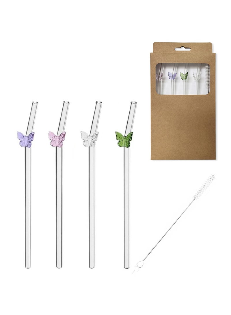 ايكانبو 4 قطع من المصاصات الزجاجية المقاومة للكسر مع فرشاة تنظيف واحدة، مصاصة ملونة لطيفة قابلة لإعادة الاستخدام لديكورات الحفلات ذات الطابع المحيطي، العصير، شاطئ الصيف، حفلات أعياد الميلاد (الفراشة) - Image 1