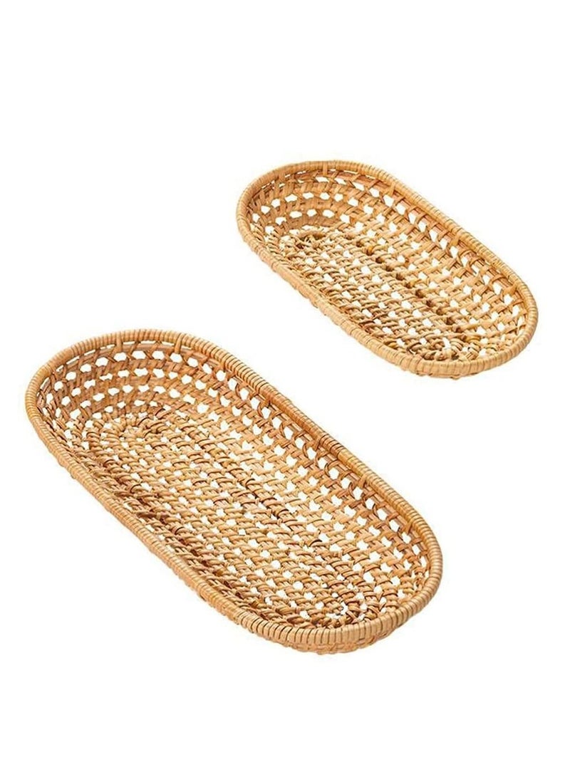 Y&D 2Pcs Handmade Woven Oval Rattan Fruit Basket Bread Tray Wicker Food Serving Weaving Storage Holder - Image 1