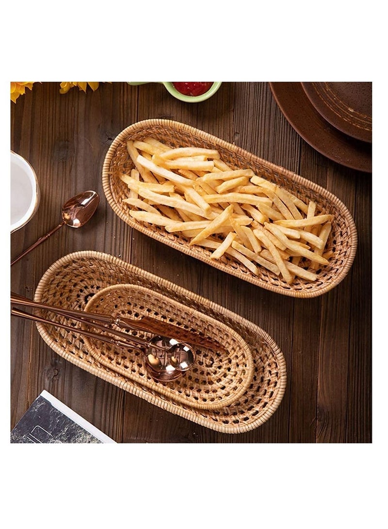 Y&D 2Pcs Handmade Woven Oval Rattan Fruit Basket Bread Tray Wicker Food Serving Weaving Storage Holder - Image 2