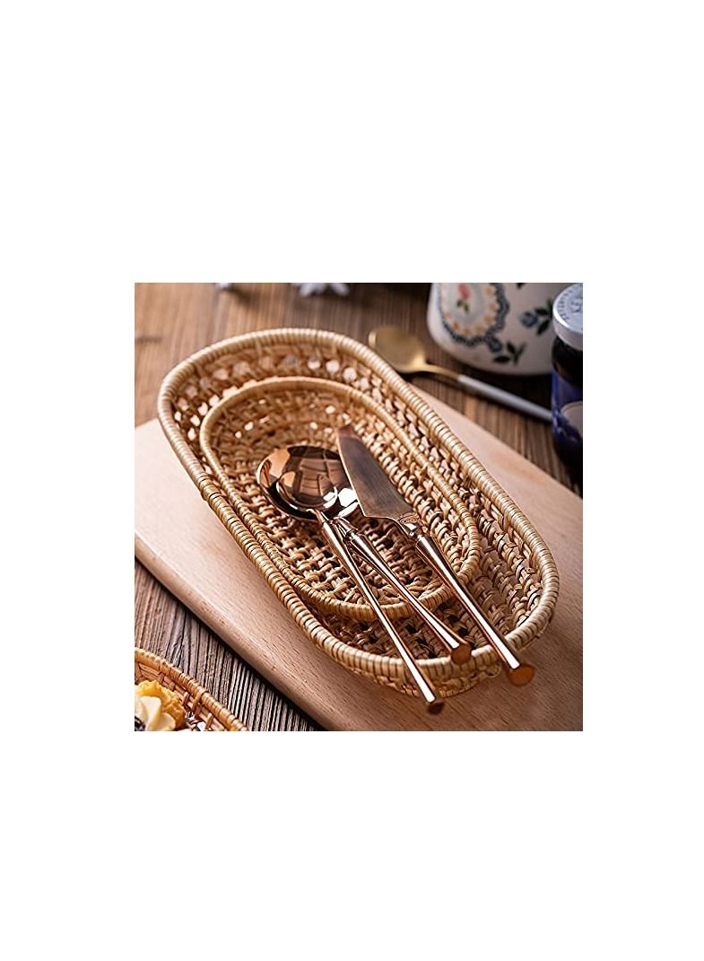Y&D 2Pcs Handmade Woven Oval Rattan Fruit Basket Bread Tray Wicker Food Serving Weaving Storage Holder - Image 3